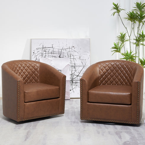 Logan Faux Leather Tufted Swivel Club Chair - Brown Modern Swivel Chair | Swivel Accent Chairs | Kinwell Furniture | Swivel Armchairs